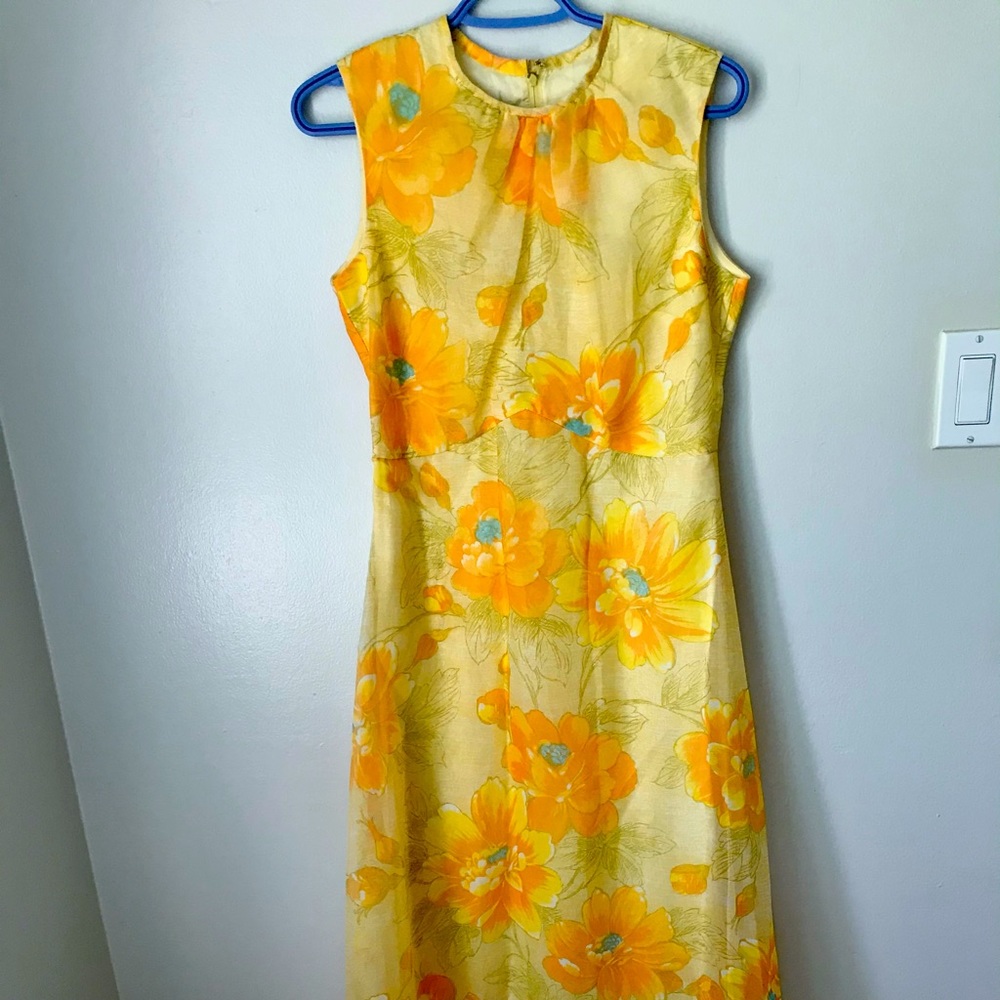 Vintage 60s 70s Yellow Flowered Maxi Dress